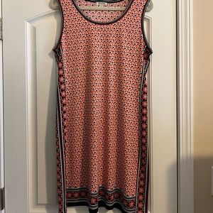 Sleeveless Max Studio shift, navy blue and orange print